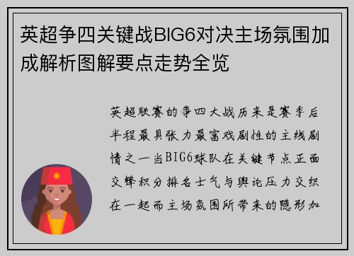 英超争四关键战BIG6对决主场氛围加成解析图解要点走势全览
