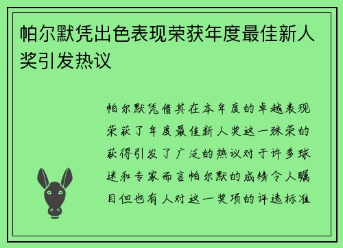 帕尔默凭出色表现荣获年度最佳新人奖引发热议